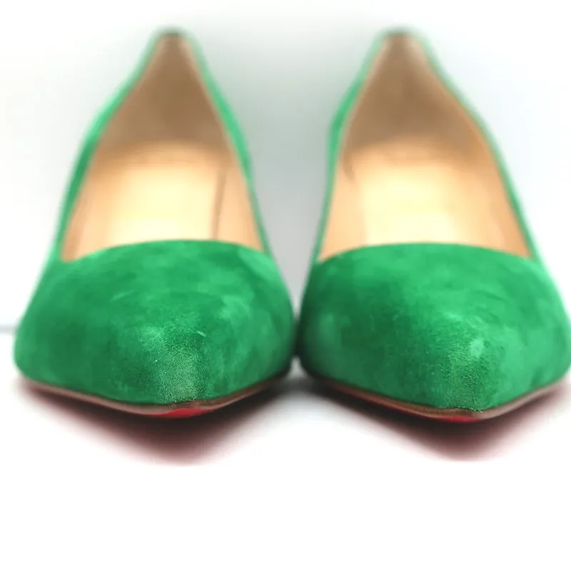 Christian Louboutin Kate 85 Pumps Green Suede Size 38 Pointed Toe Heels NEW