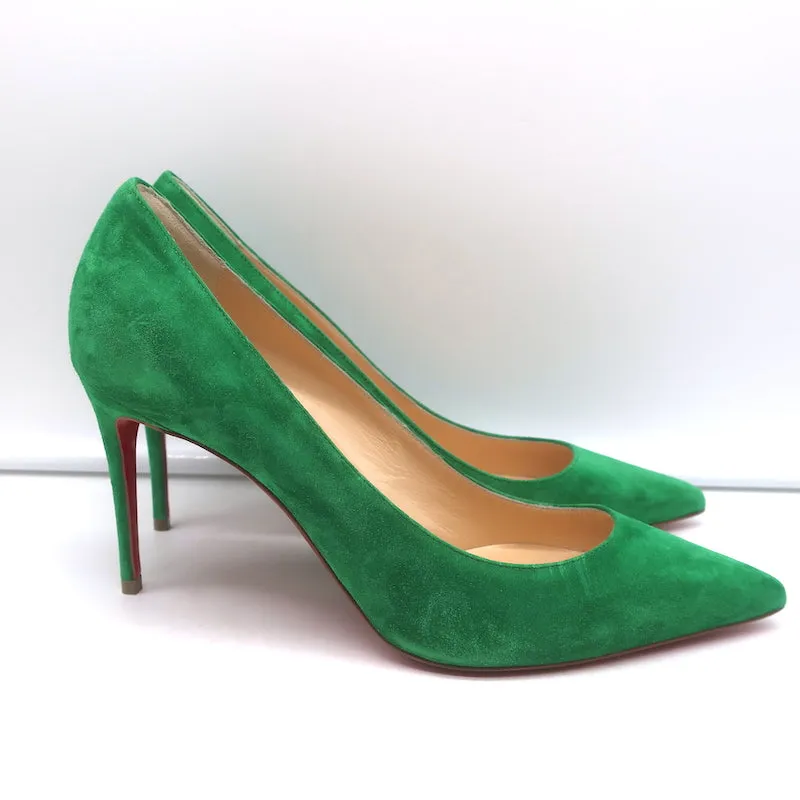 Christian Louboutin Kate 85 Pumps Green Suede Size 38 Pointed Toe Heels NEW