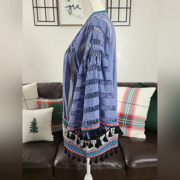Conditions Apply Anthropologie Open-Front Boho Chic Kimono Blue Weaving Tassels