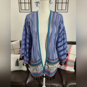 Conditions Apply Anthropologie Open-Front Boho Chic Kimono Blue Weaving Tassels