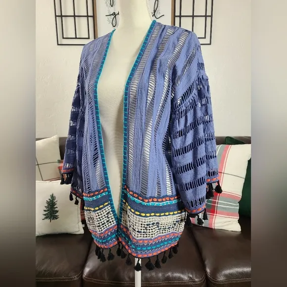 Conditions Apply Anthropologie Open-Front Boho Chic Kimono Blue Weaving Tassels