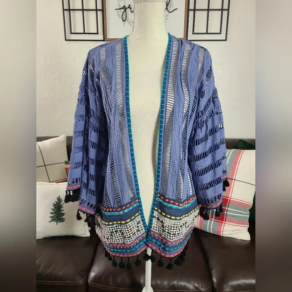 Conditions Apply Anthropologie Open-Front Boho Chic Kimono Blue Weaving Tassels
