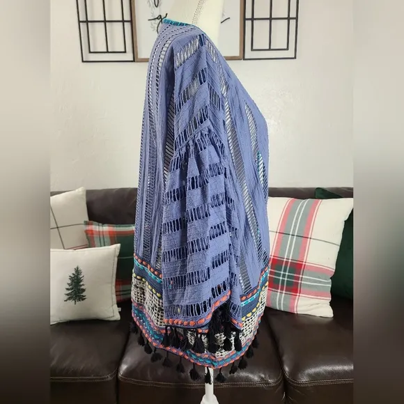 Conditions Apply Anthropologie Open-Front Boho Chic Kimono Blue Weaving Tassels