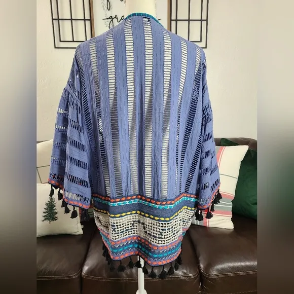 Conditions Apply Anthropologie Open-Front Boho Chic Kimono Blue Weaving Tassels