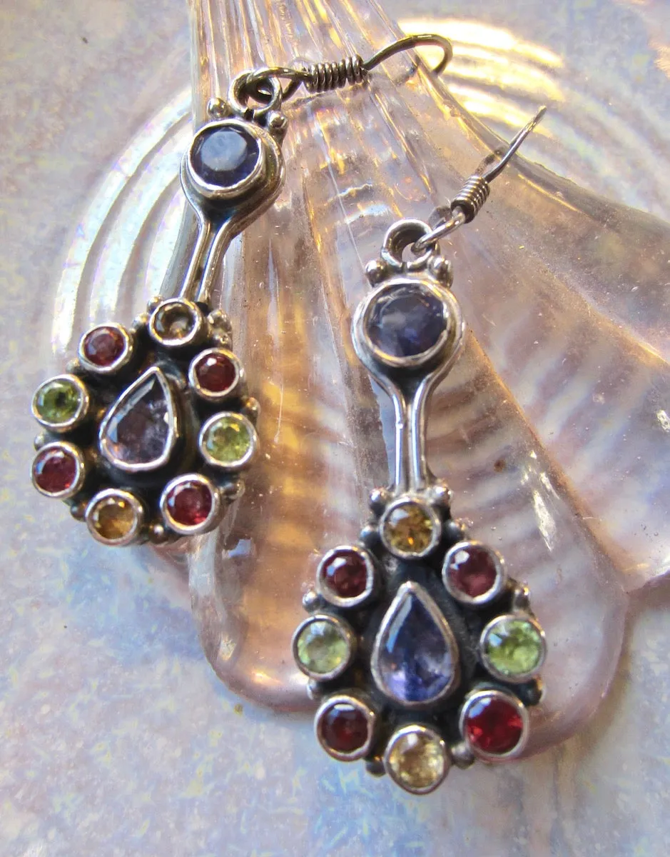 Distinctive Multi-Gem Lute-Shaped Silver Dangle Earrings from Jaipur