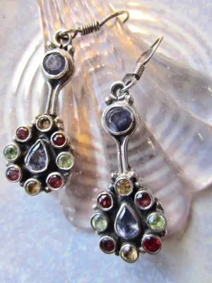 Distinctive Multi-Gem Lute-Shaped Silver Dangle Earrings from Jaipur