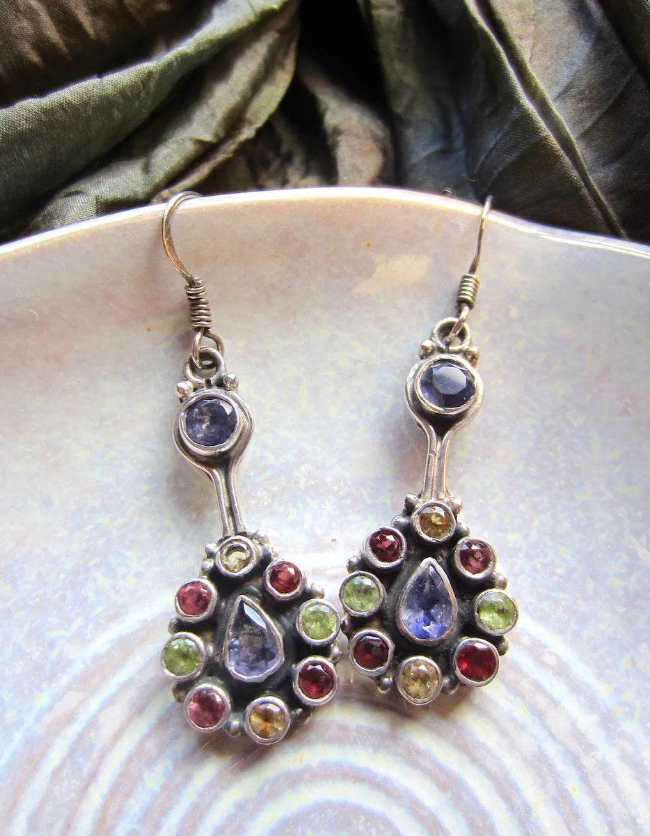 Distinctive Multi-Gem Lute-Shaped Silver Dangle Earrings from Jaipur