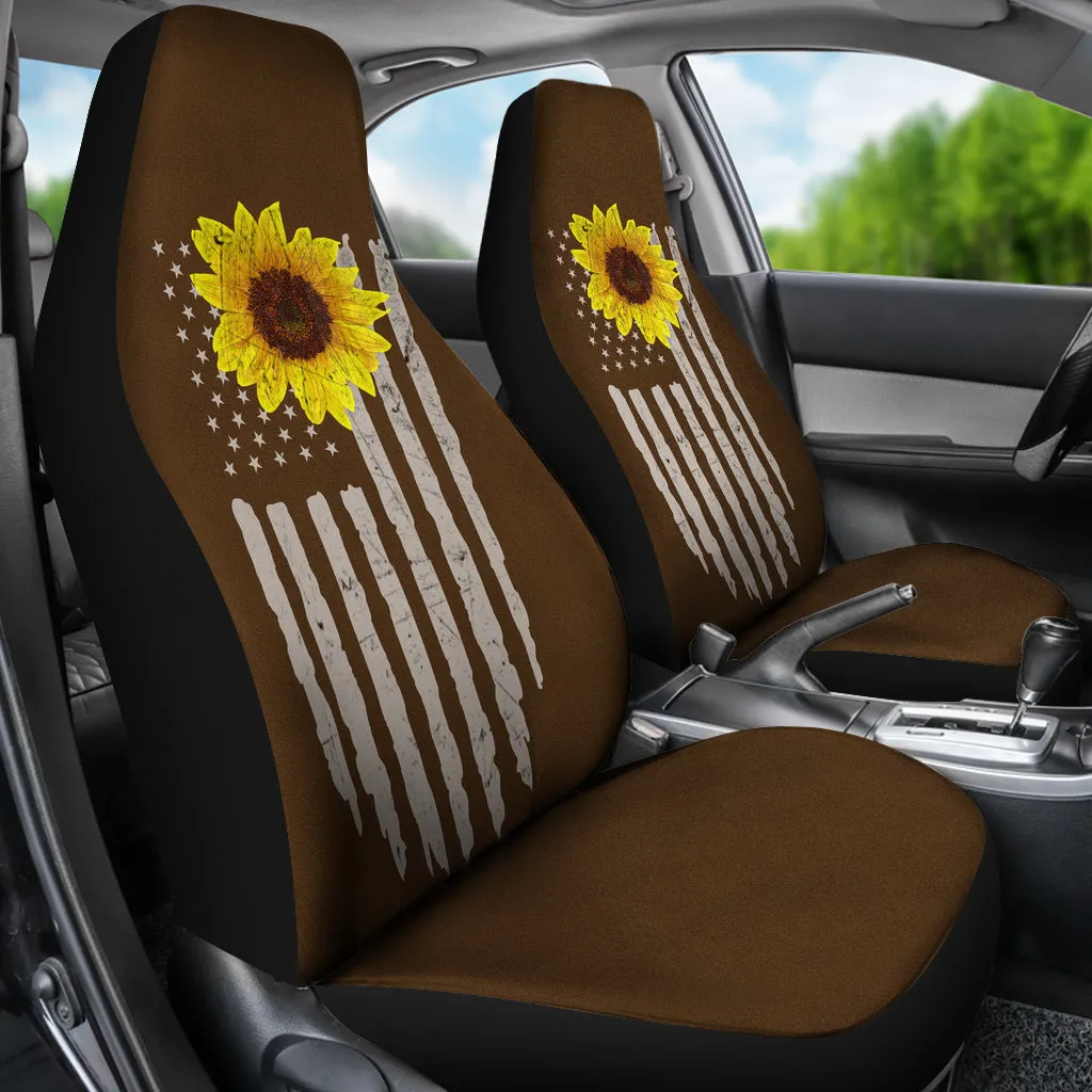 Distressed American Flag With Rustic Sunflower on Dark Brown Faux Suede Style Car Seat Covers
