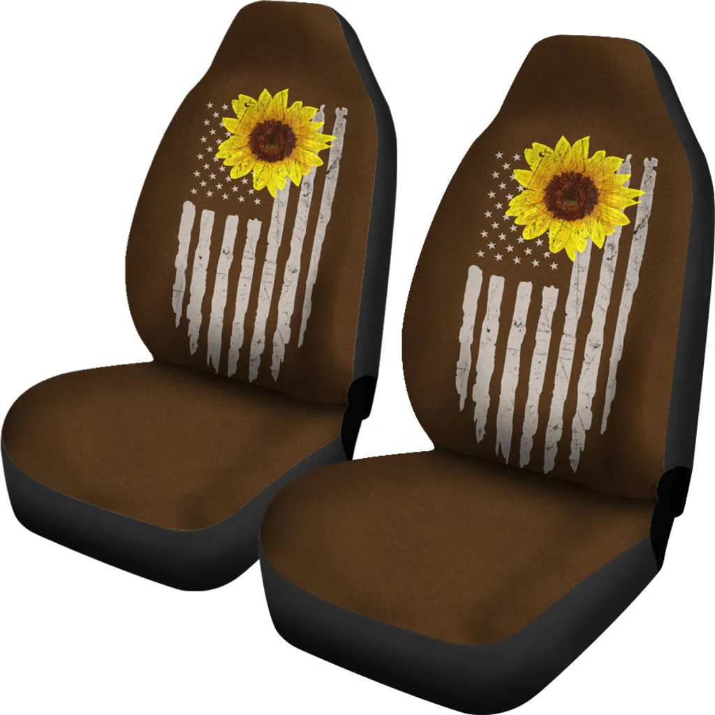 Distressed American Flag With Rustic Sunflower on Dark Brown Faux Suede Style Car Seat Covers
