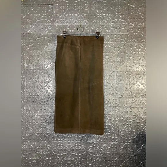 DKNY Vintage 100% Suede Leather Maxi Skirt Back Split lace up Brown Bohemian