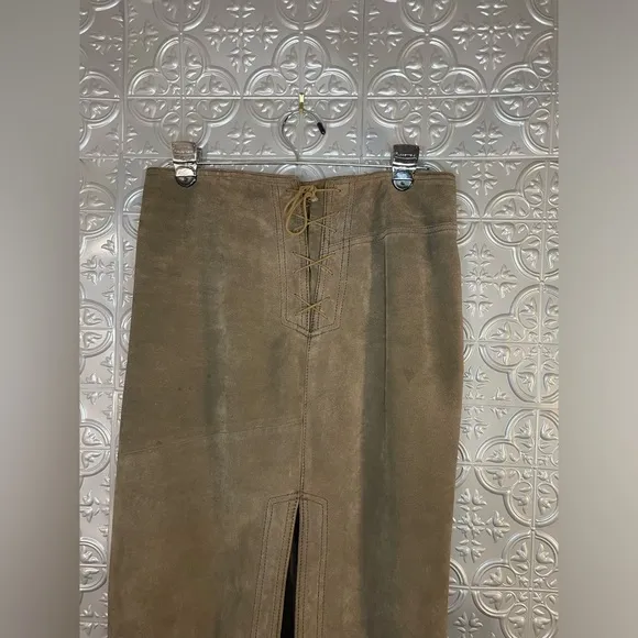 DKNY Vintage 100% Suede Leather Maxi Skirt Back Split lace up Brown Bohemian