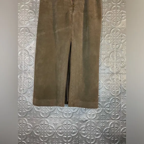 DKNY Vintage 100% Suede Leather Maxi Skirt Back Split lace up Brown Bohemian