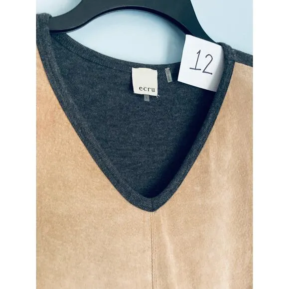 Ecru Suede Long Sleeve Top Large Gray and Tan
