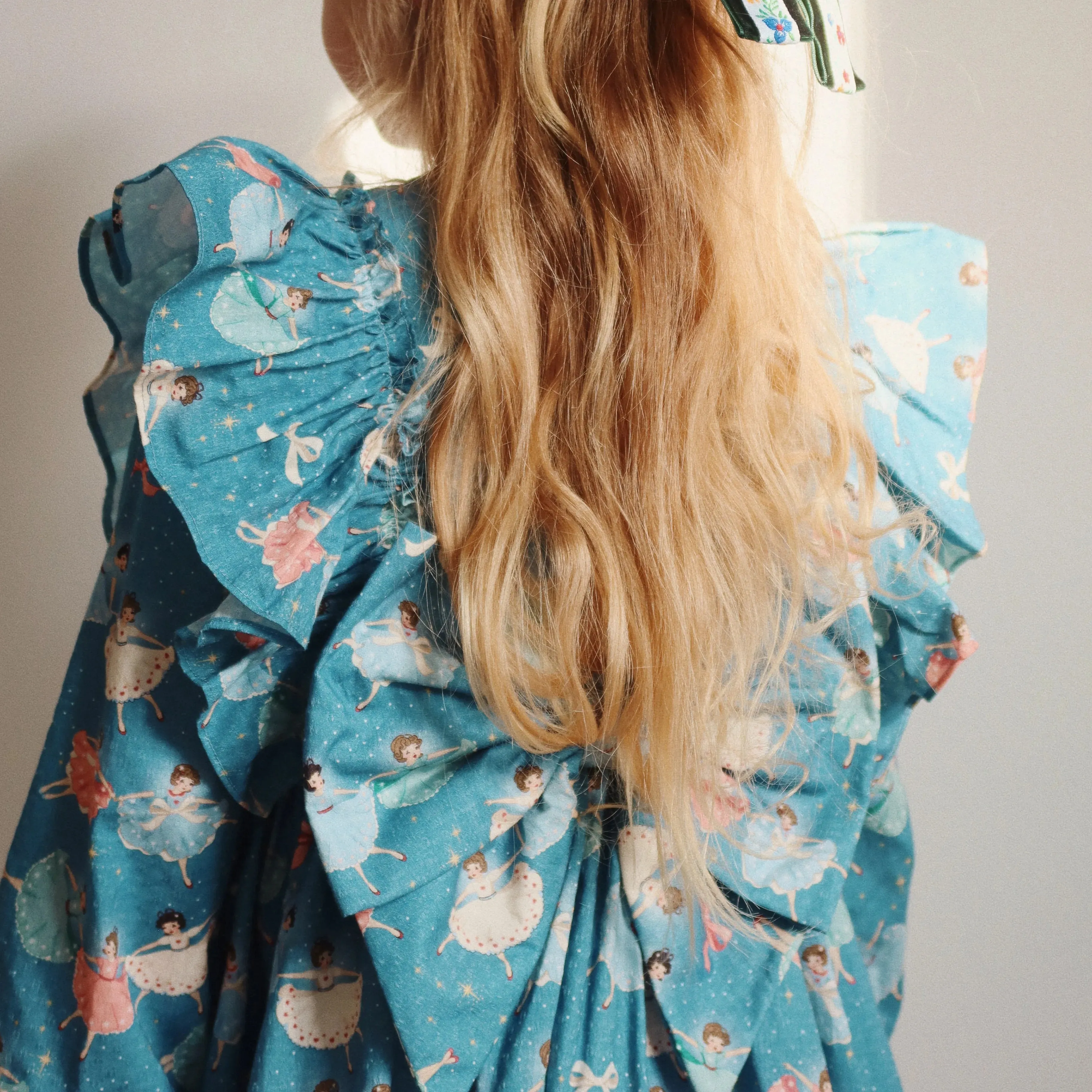 Evia Bow Ballerina Print Long Sleeve Ruffle Dress