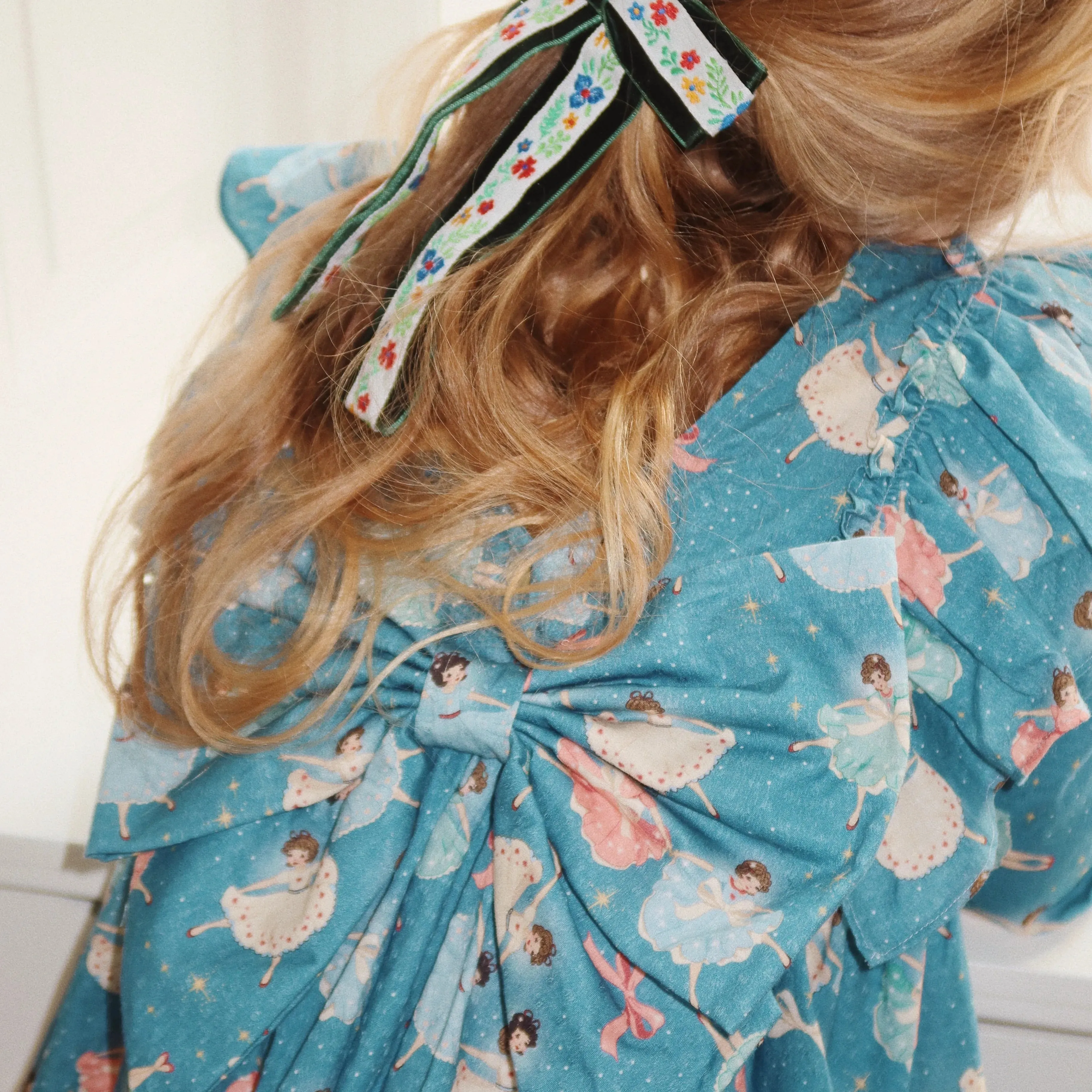 Evia Bow Ballerina Print Long Sleeve Ruffle Dress