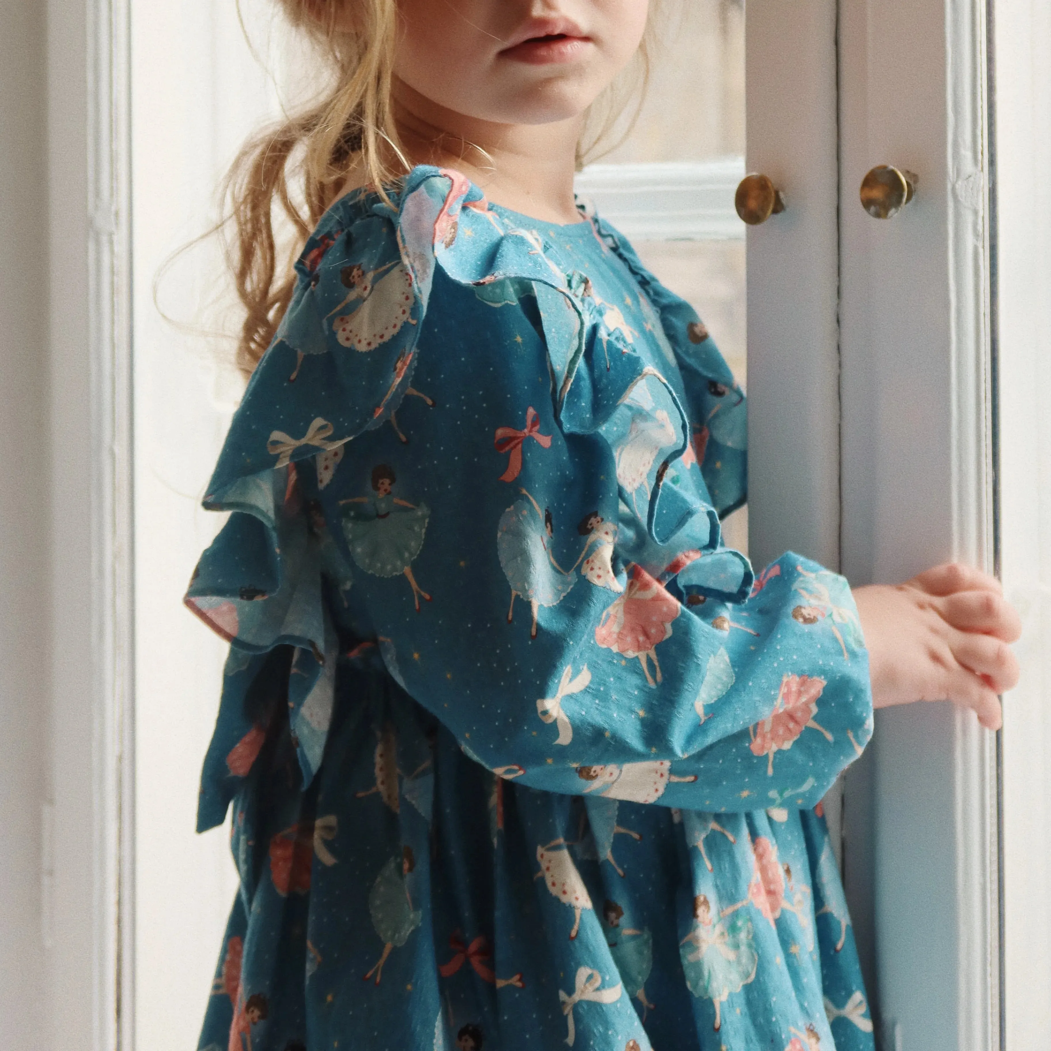 Evia Bow Ballerina Print Long Sleeve Ruffle Dress