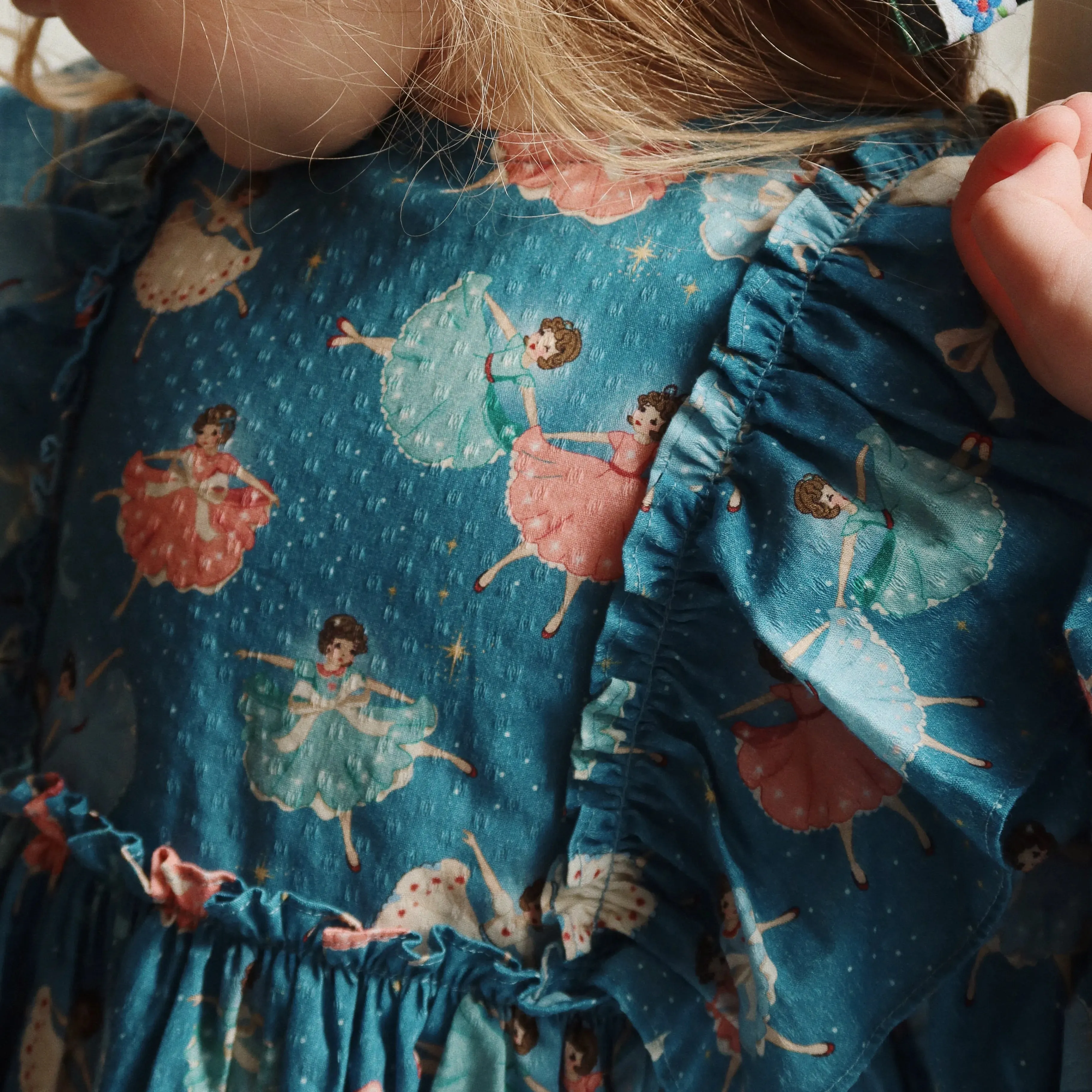 Evia Bow Ballerina Print Long Sleeve Ruffle Dress