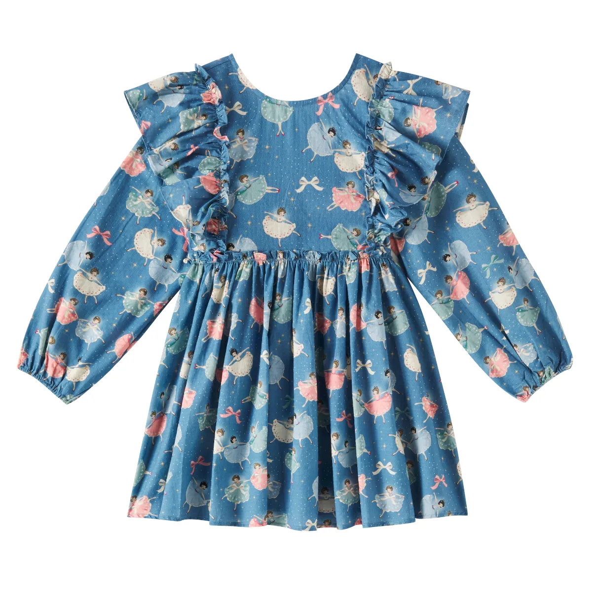 Evia Bow Ballerina Print Long Sleeve Ruffle Dress
