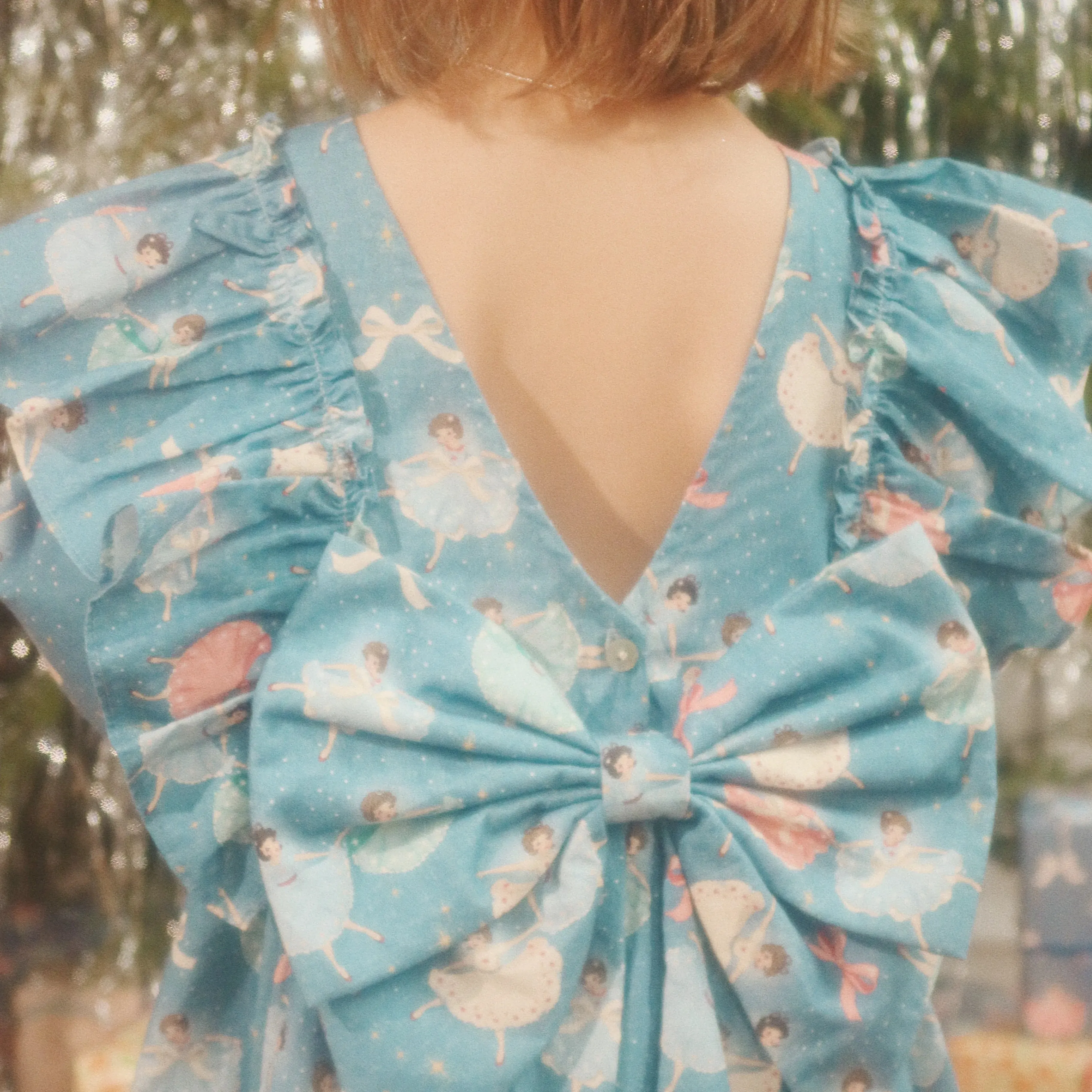 Evia Bow Ballerina Print Long Sleeve Ruffle Dress