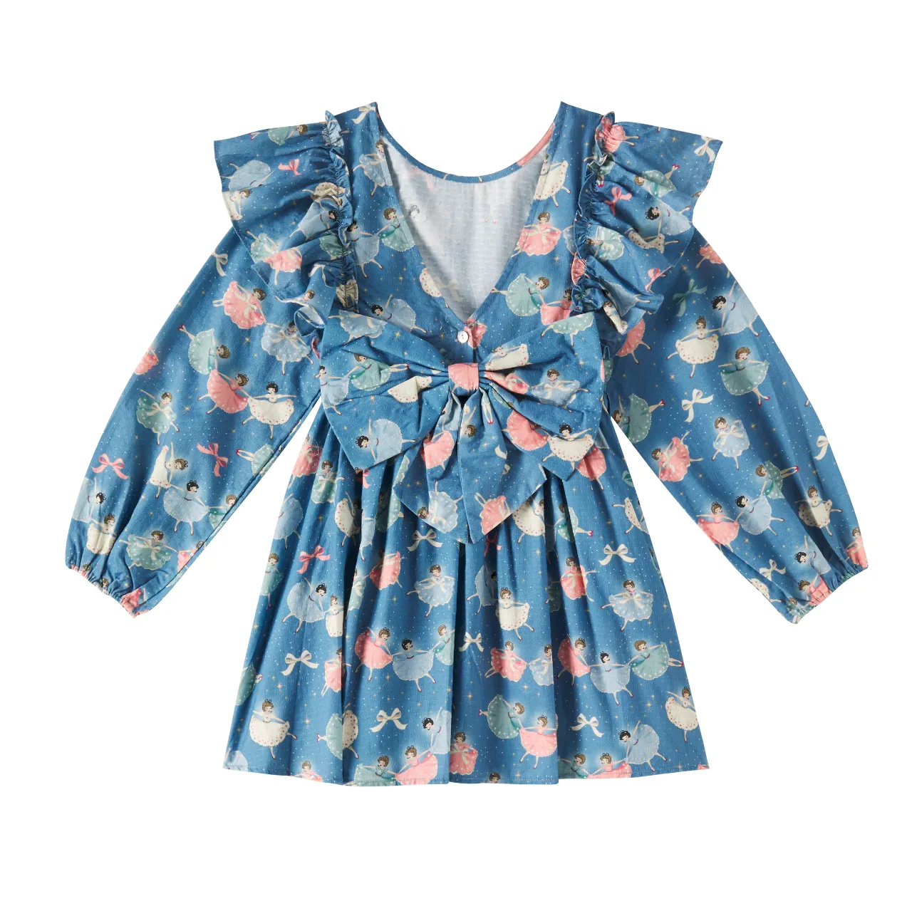 Evia Bow Ballerina Print Long Sleeve Ruffle Dress