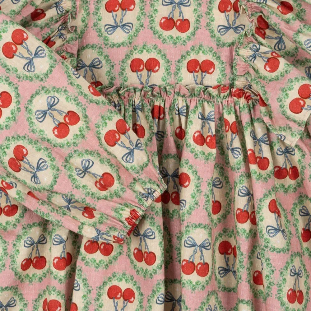 Evia Cherry Bow Print Long Sleeve Ruffle Dress