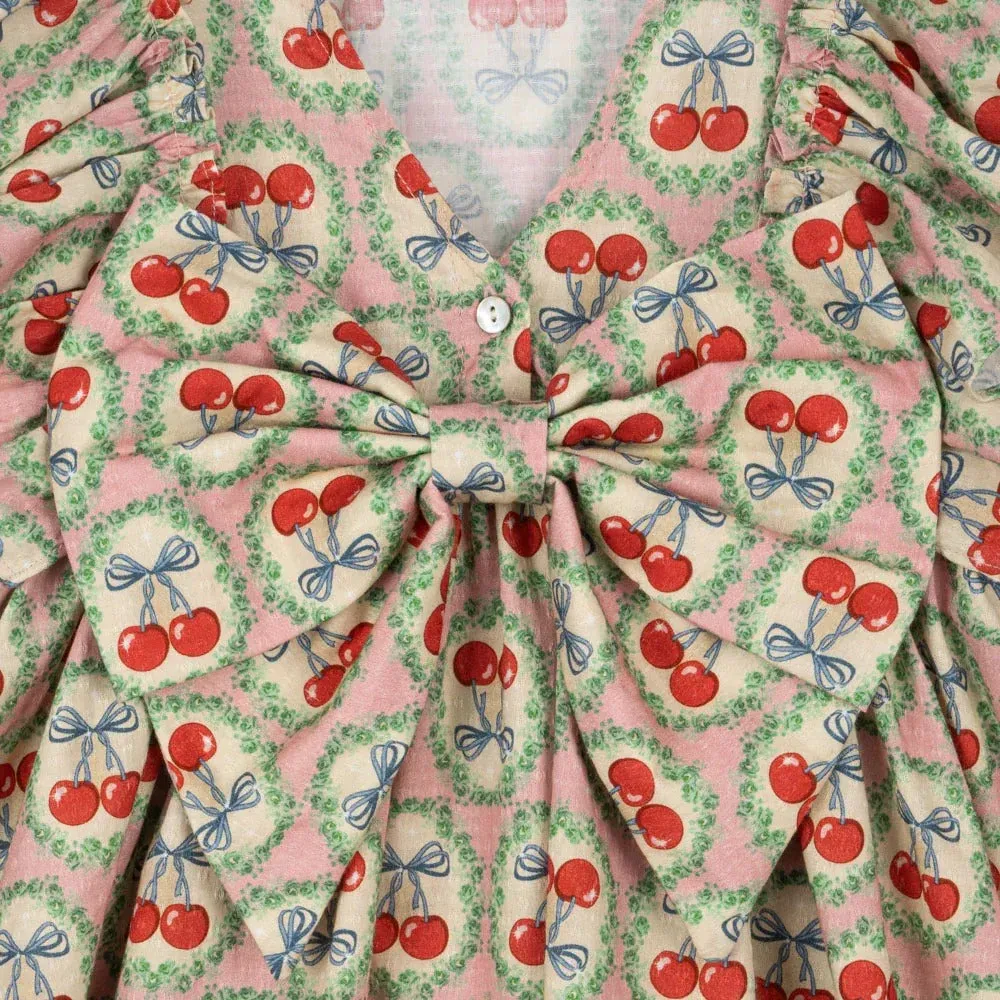 Evia Cherry Bow Print Long Sleeve Ruffle Dress