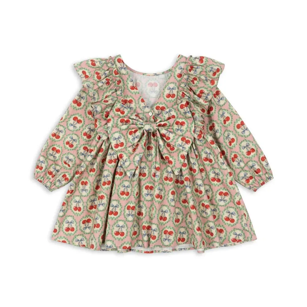 Evia Cherry Bow Print Long Sleeve Ruffle Dress