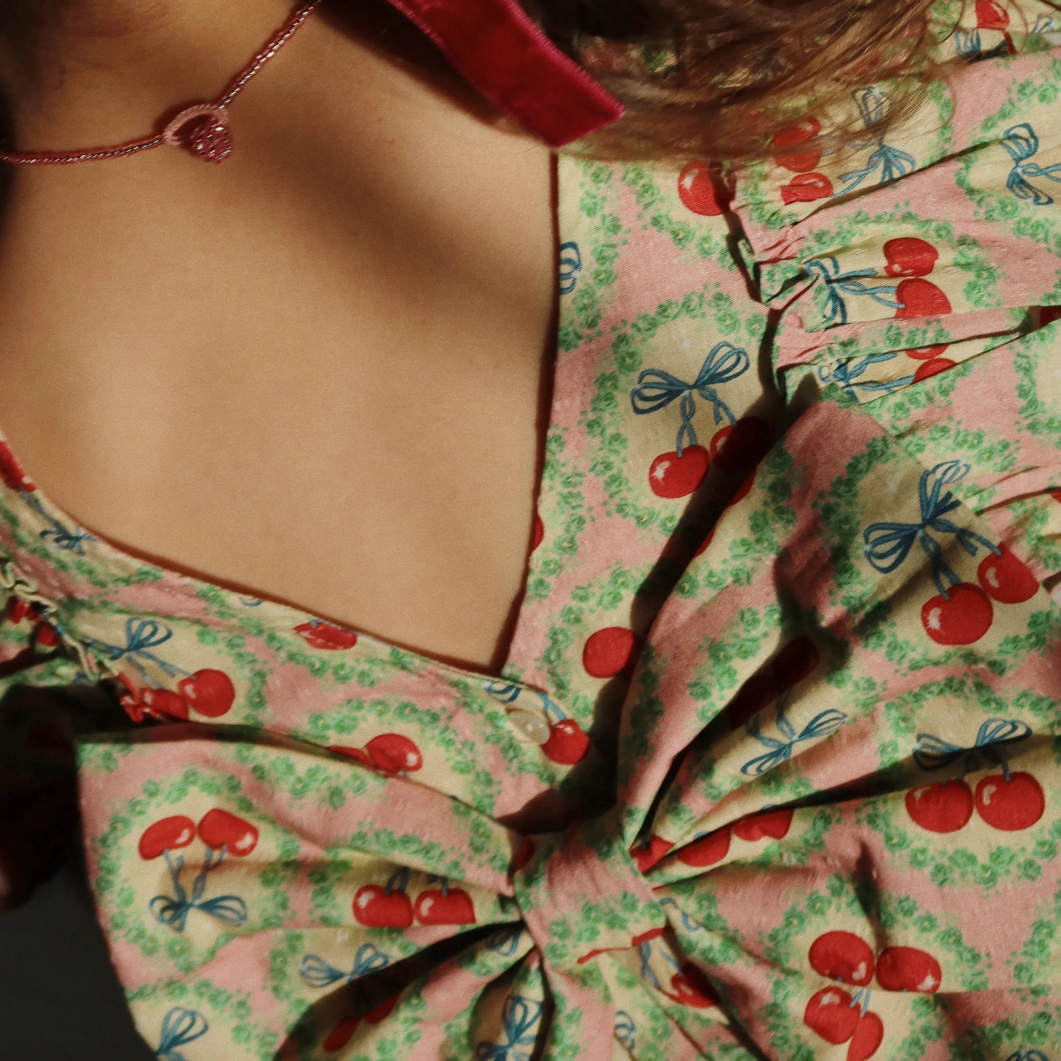 Evia Cherry Bow Print Long Sleeve Ruffle Dress