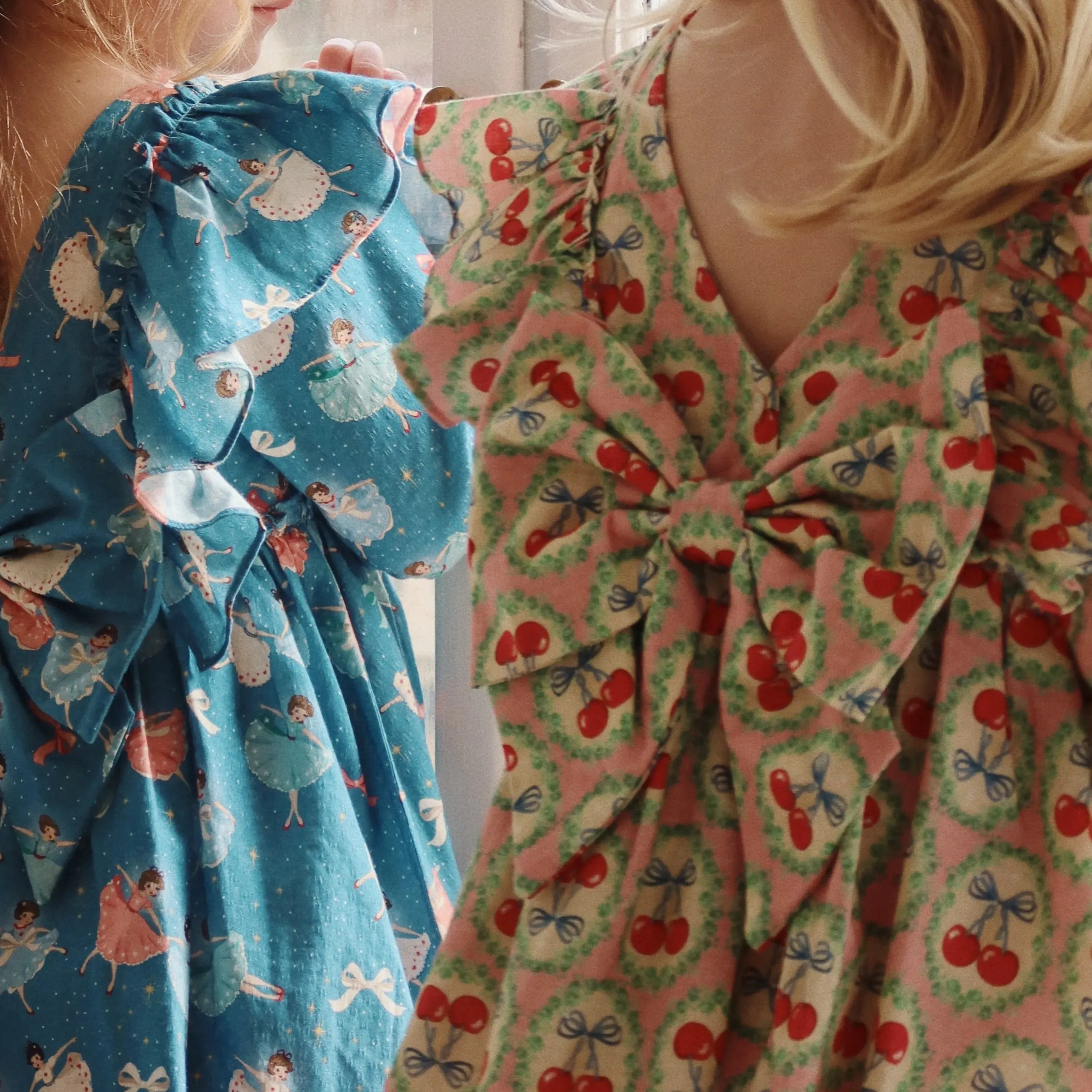 Evia Cherry Bow Print Long Sleeve Ruffle Dress