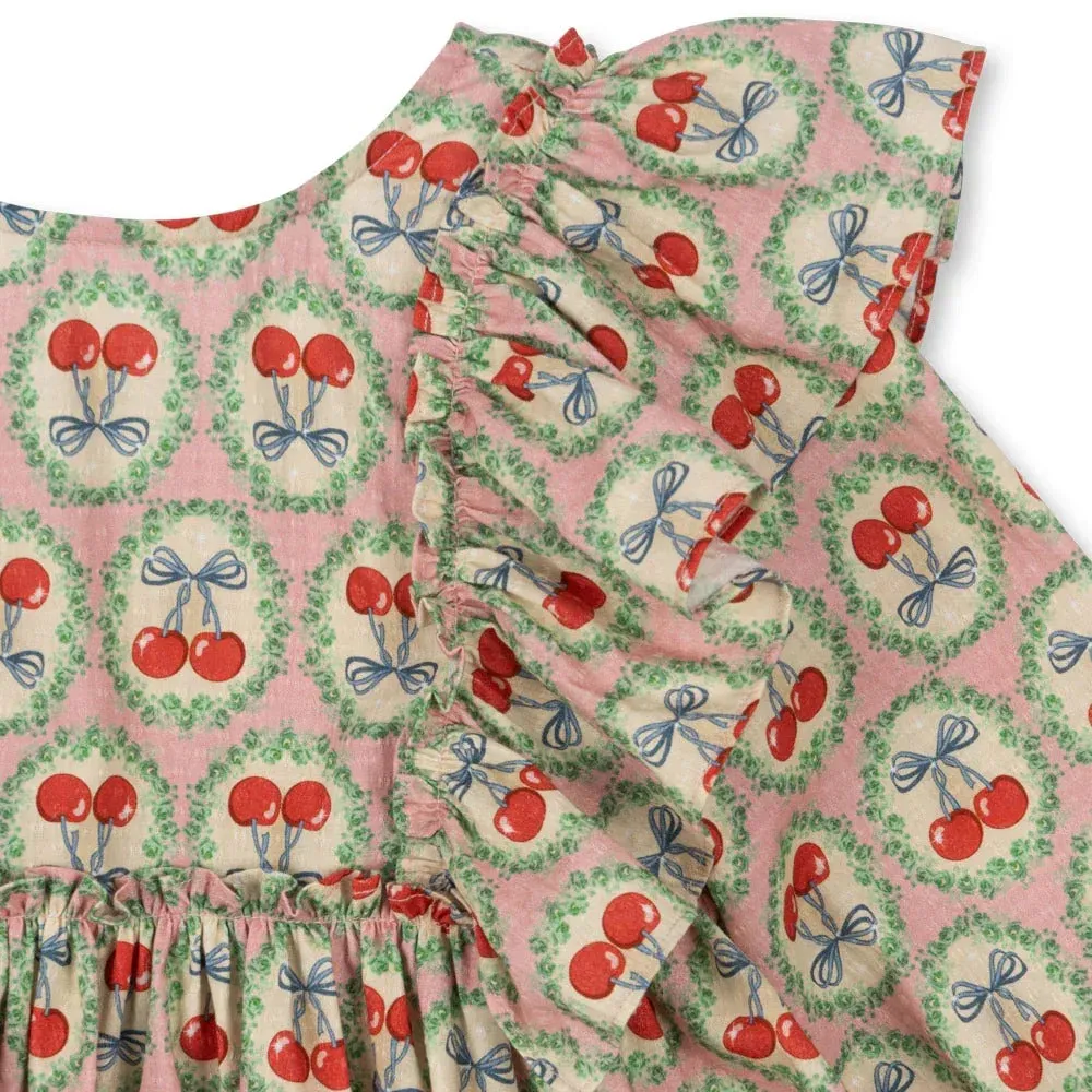 Evia Cherry Bow Print Long Sleeve Ruffle Dress