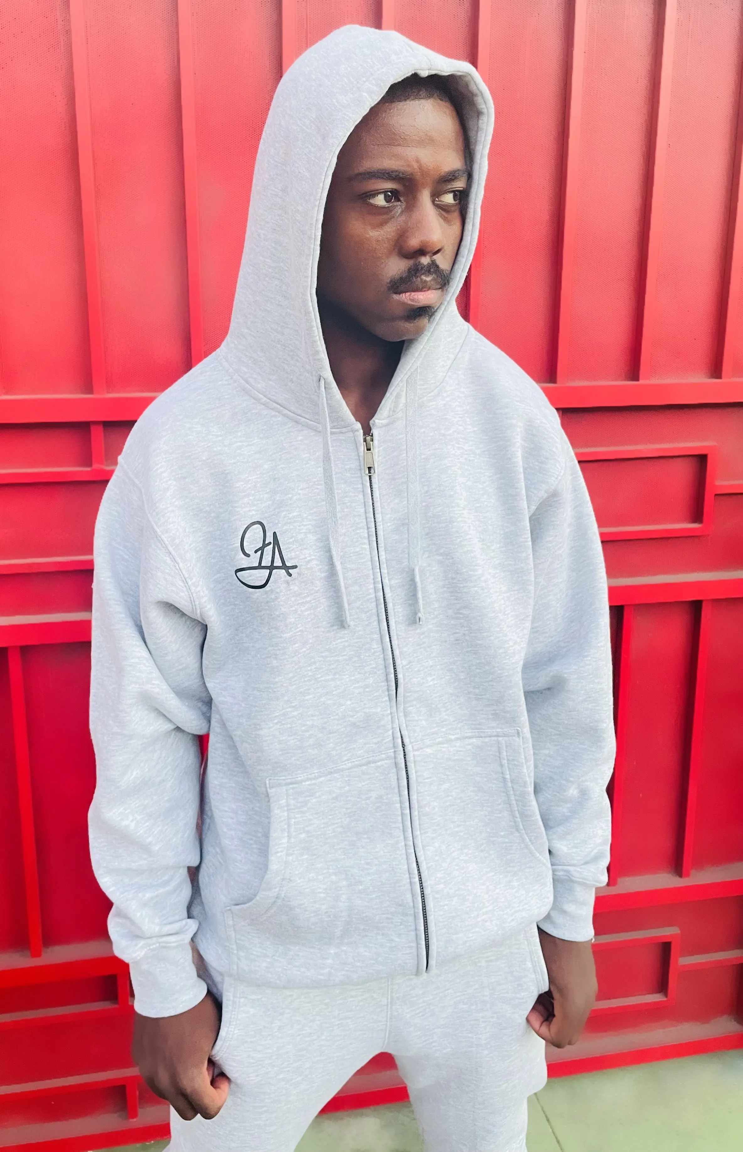 Fallon Aurielle Unisex Signature Zip Hoodie Jogging Set (Heather Gray & Black)