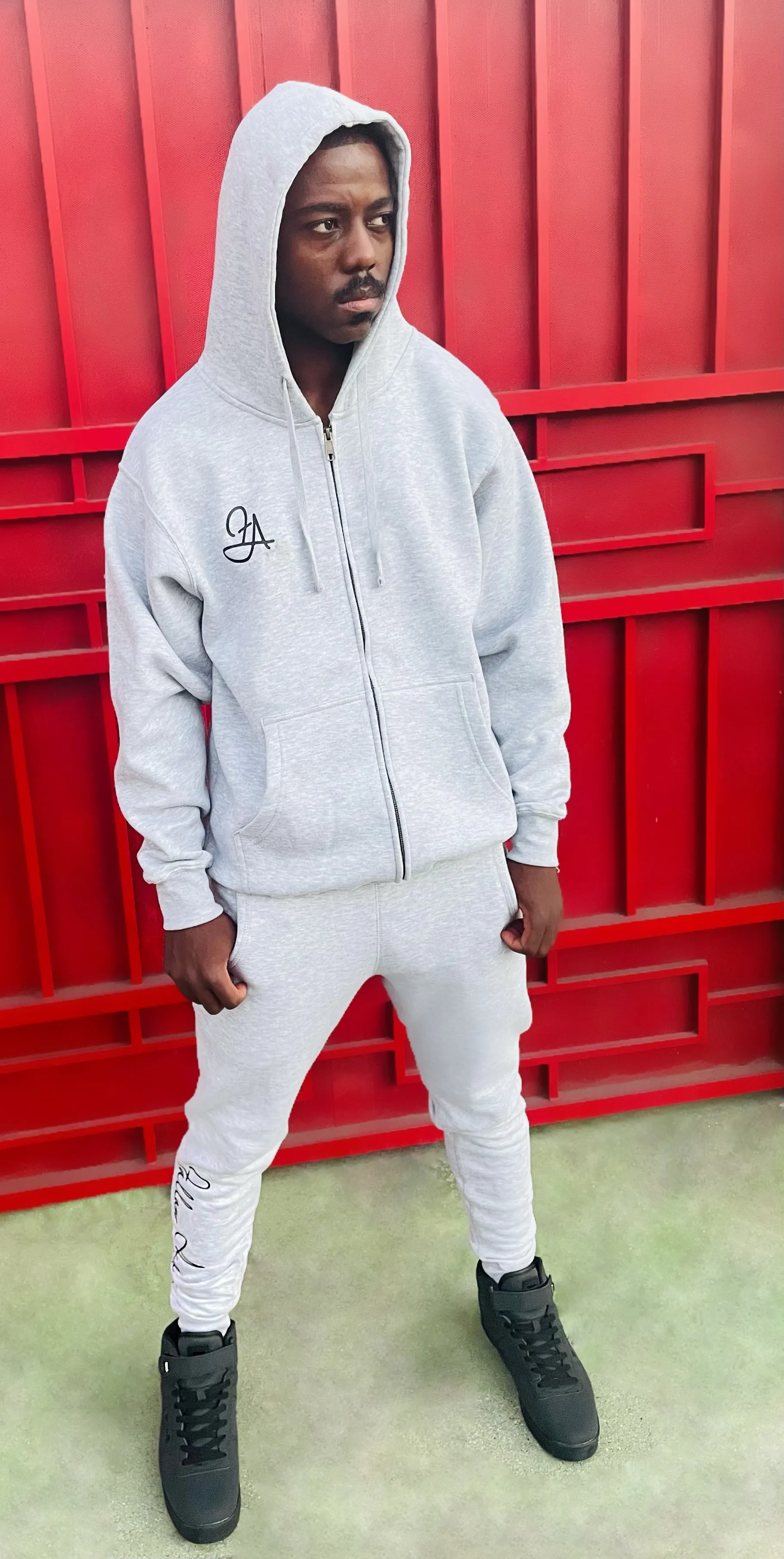 Fallon Aurielle Unisex Signature Zip Hoodie Jogging Set (Heather Gray & Black)