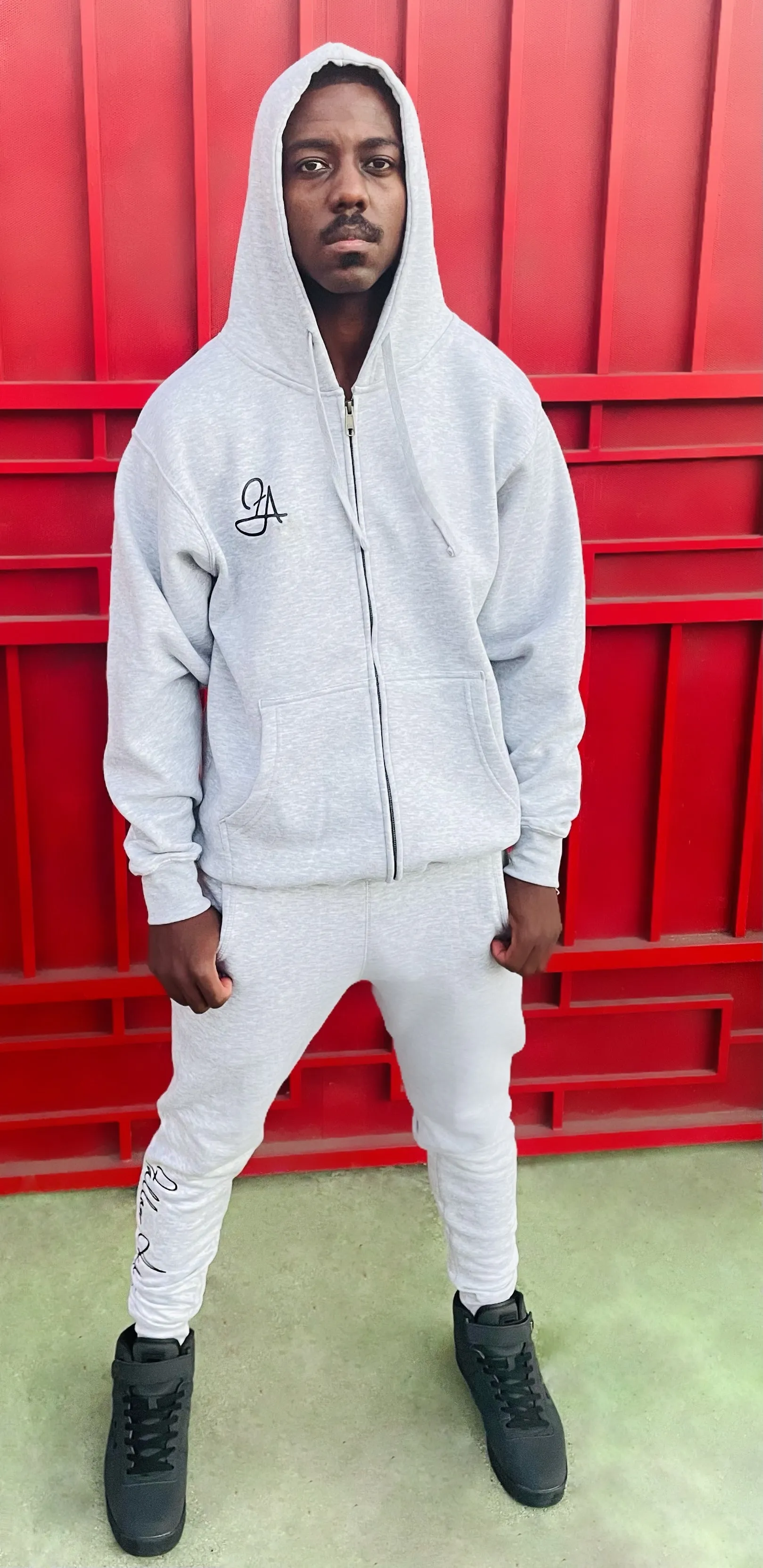 Fallon Aurielle Unisex Signature Zip Hoodie Jogging Set (Heather Gray & Black)