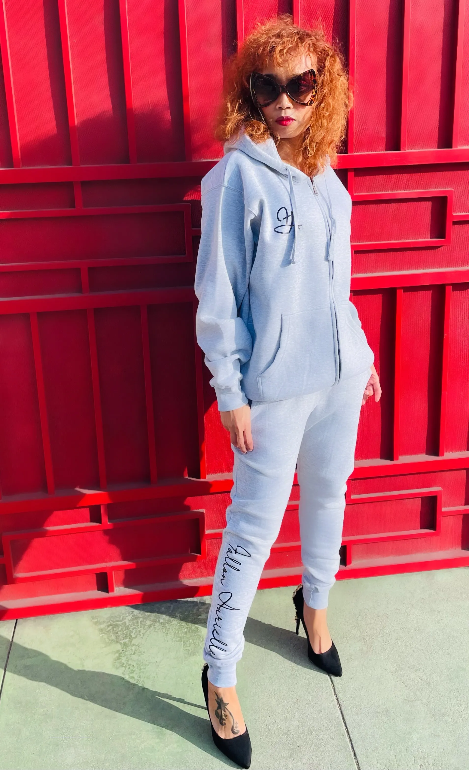 Fallon Aurielle Unisex Signature Zip Hoodie Jogging Set (Heather Gray & Black)