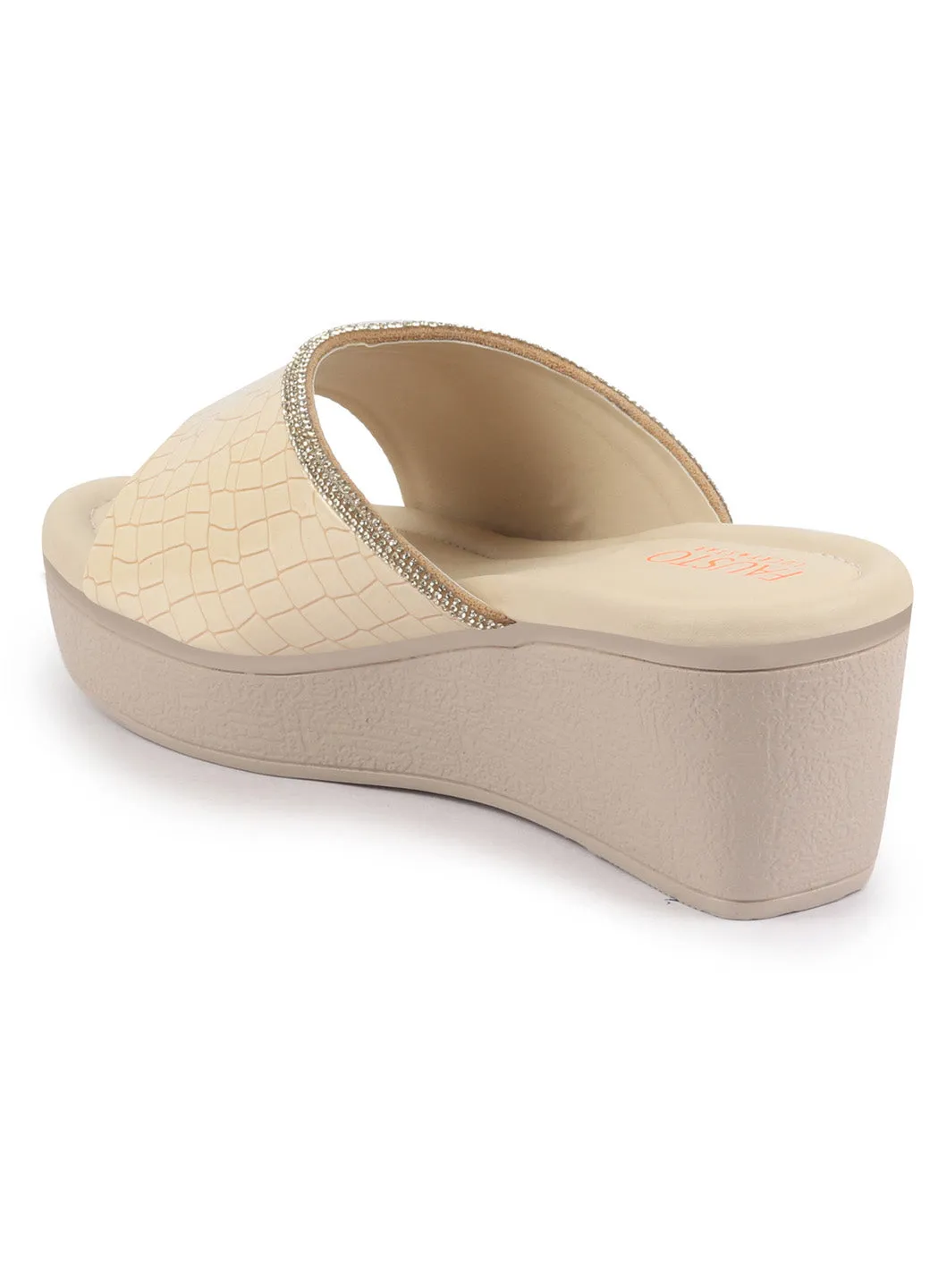 FAUSTO Women Beige Embellished Open Toe Textured Wedge Heel Sandal With Cushioned Footbed|Platform Sandal For Party|Festive|Wedding