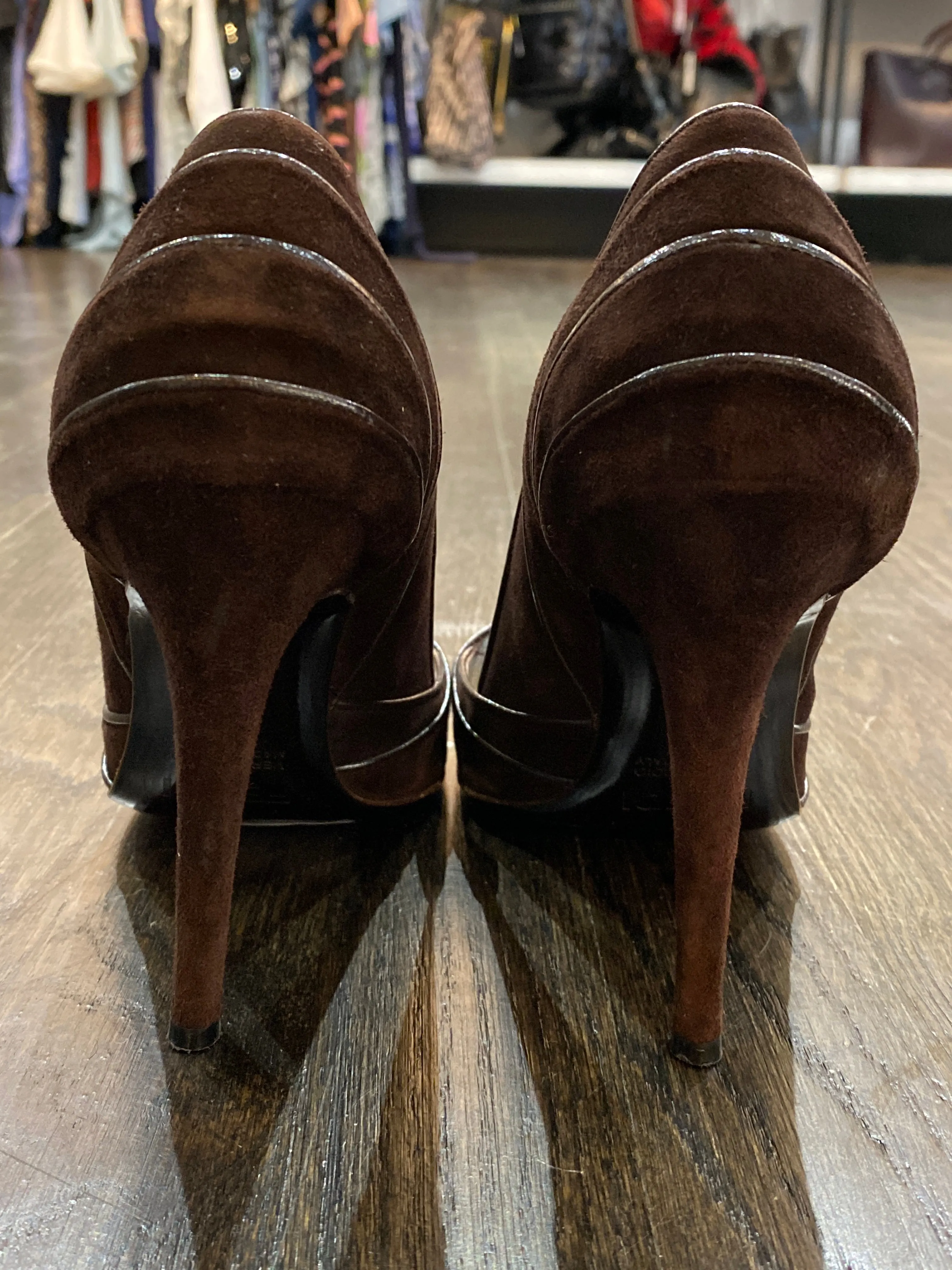 Fendi Brown Suede Peep Toe with Brown Leather Accent