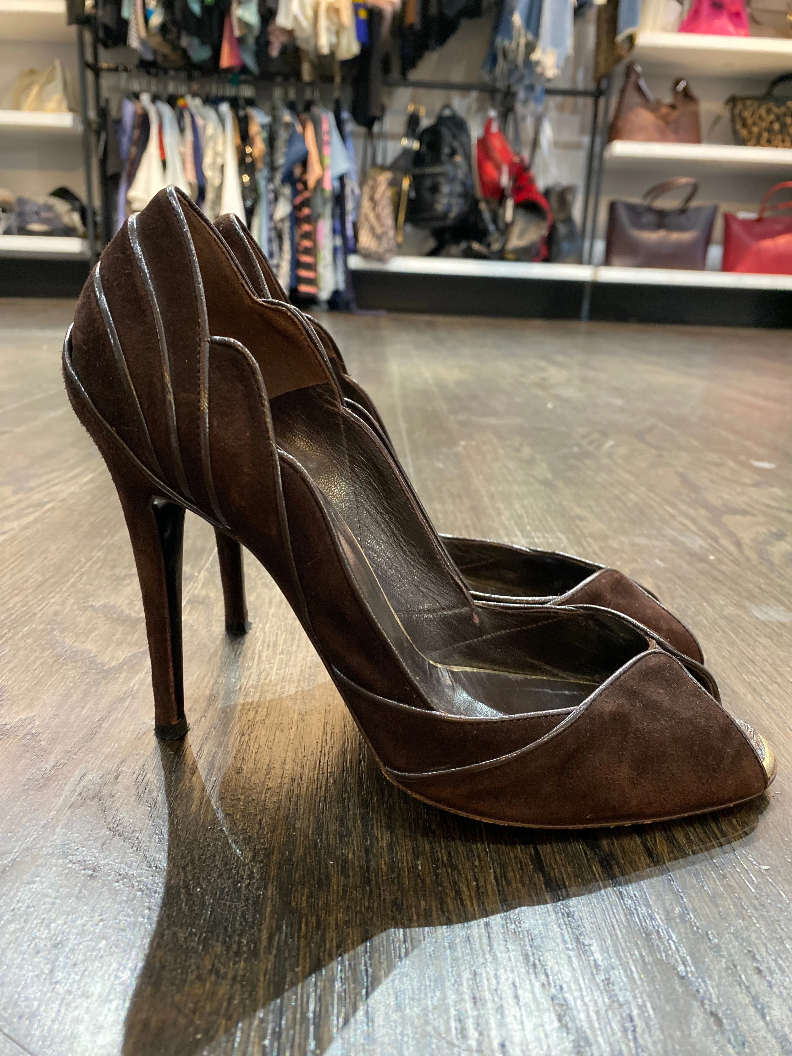 Fendi Brown Suede Peep Toe with Brown Leather Accent