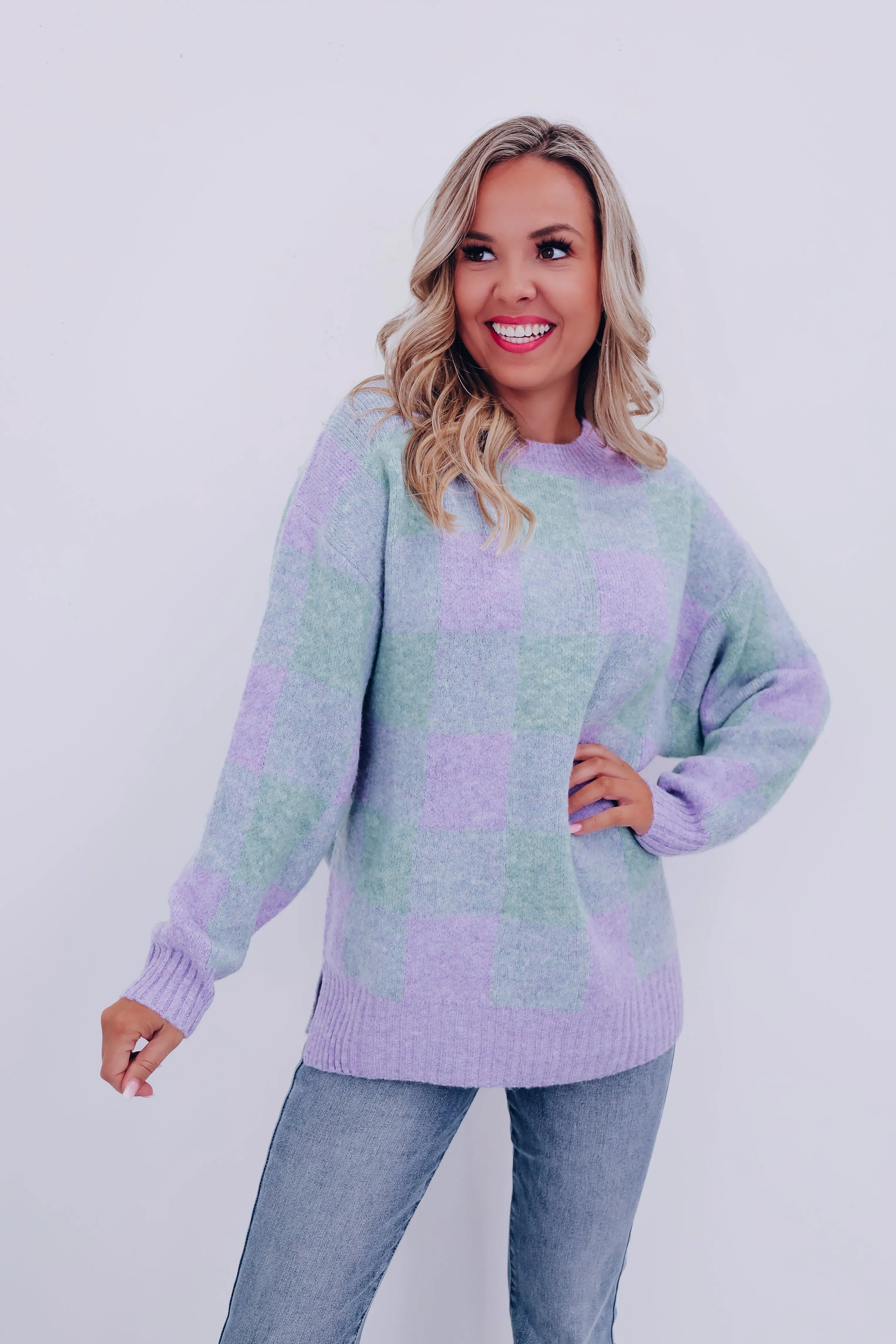Fergie Fuzzy Checkered Sweater - Sage/Blue
