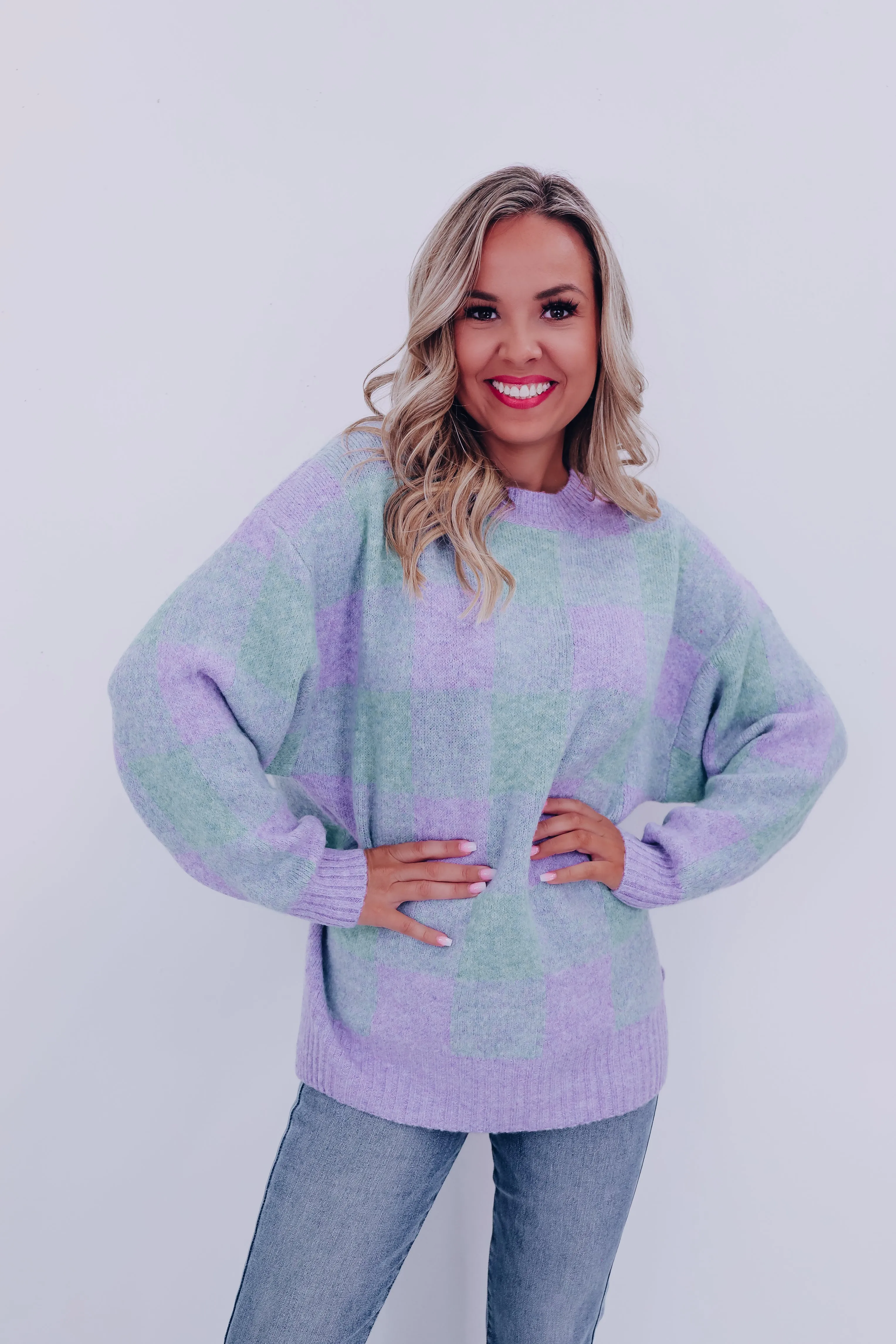 Fergie Fuzzy Checkered Sweater - Sage/Blue
