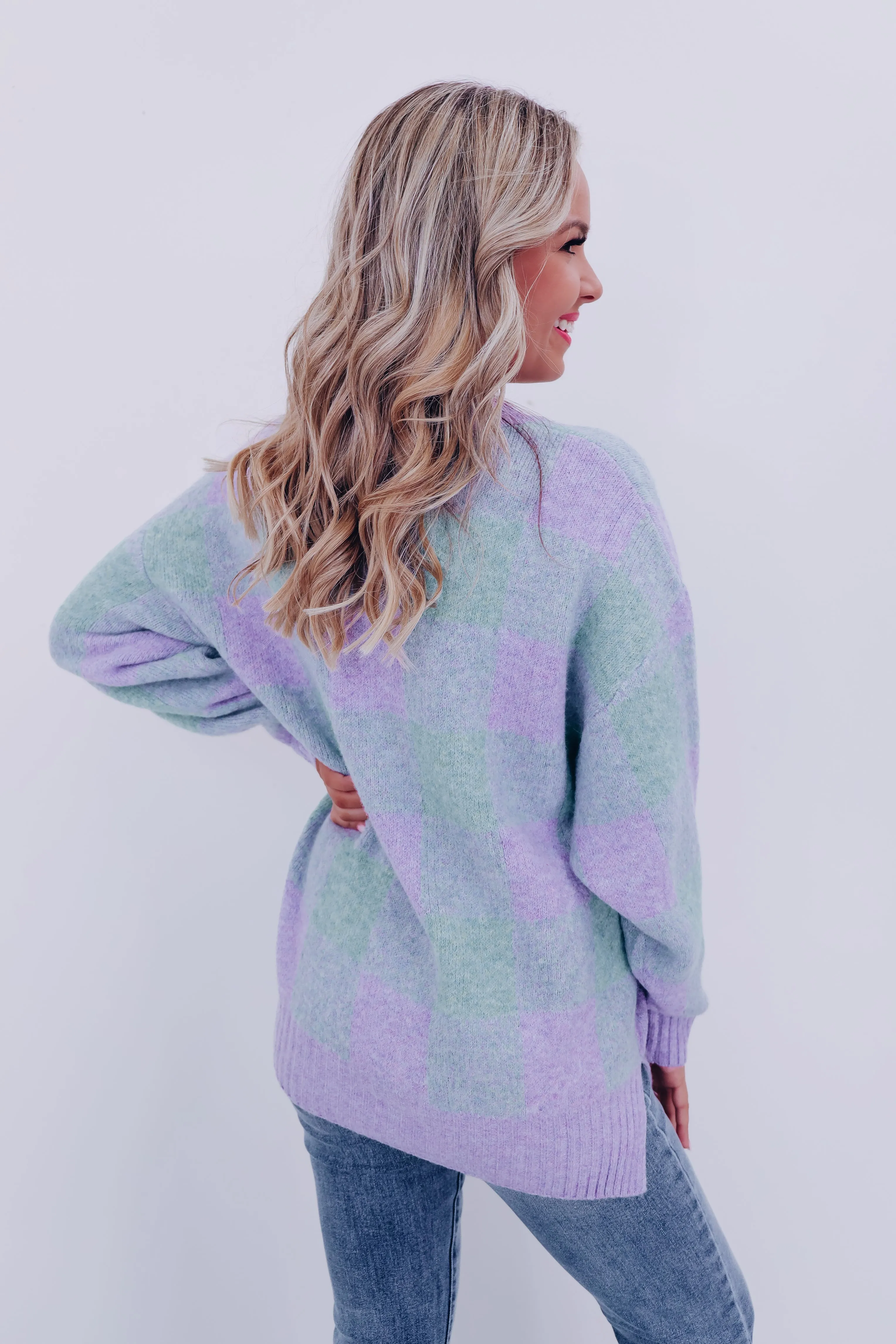 Fergie Fuzzy Checkered Sweater - Sage/Blue