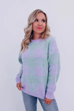 Fergie Fuzzy Checkered Sweater - Sage/Blue