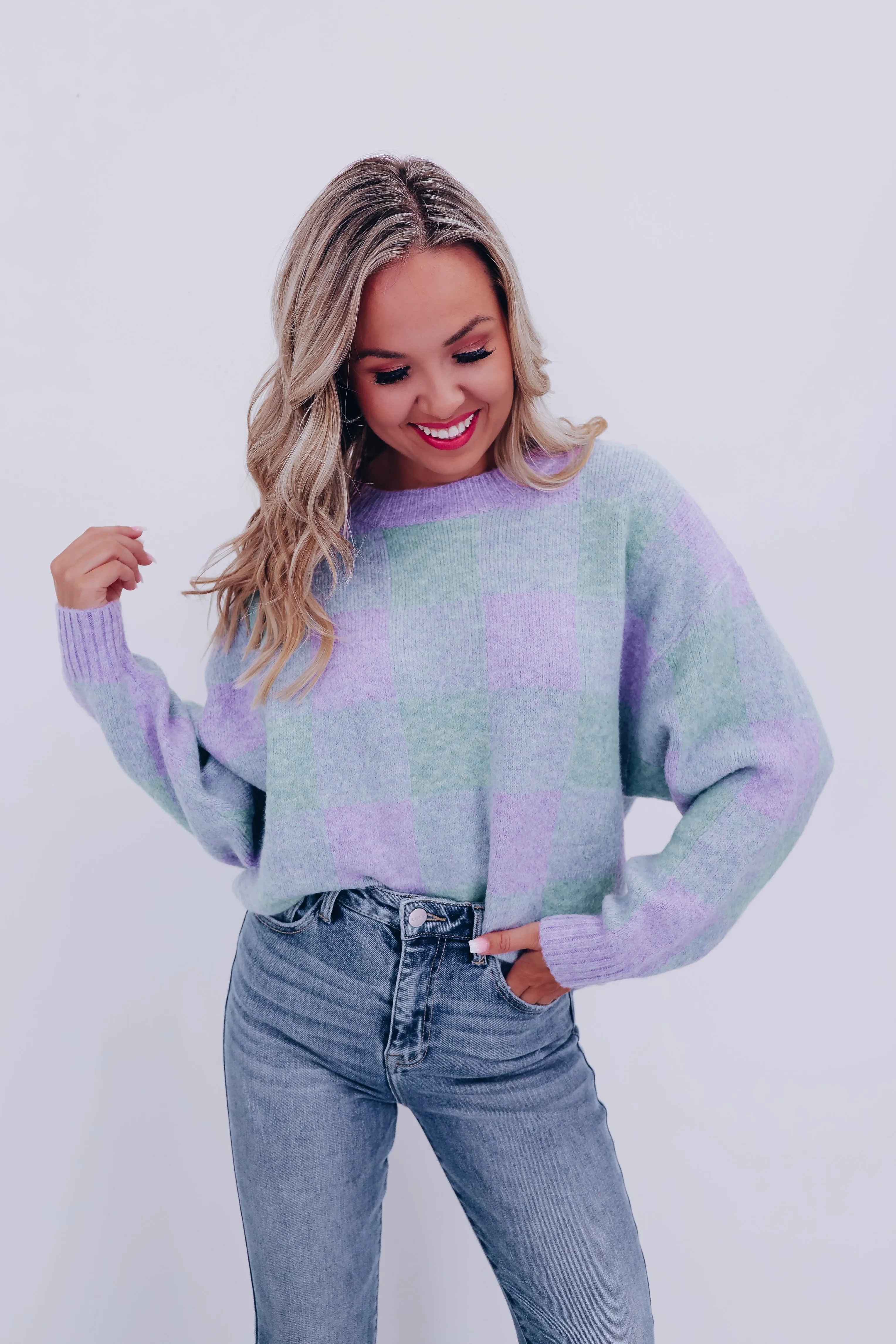 Fergie Fuzzy Checkered Sweater - Sage/Blue