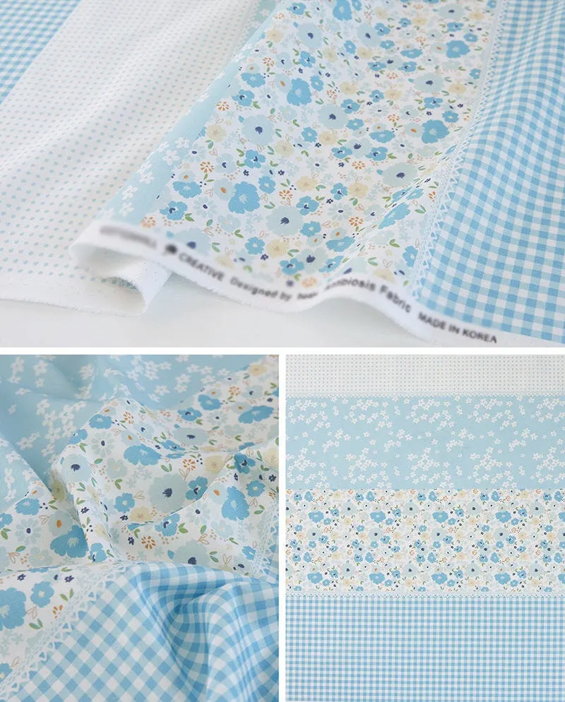 Flowers, Checkers and Polka dots Cotton Fabric, Patch Fabric - Pink, Green, Blue or Lavender - By the Yard 42180-1