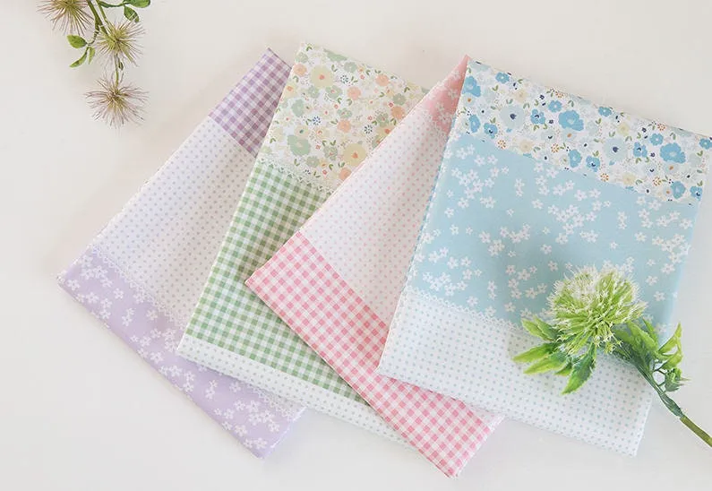 Flowers, Checkers and Polka dots Cotton Fabric, Patch Fabric - Pink, Green, Blue or Lavender - By the Yard 42180-1