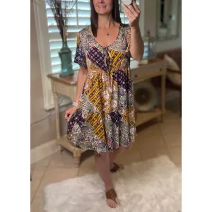 “Free Bird” Boho Patchwork Floral V Neck Tie Keyhole Babydoll Chic Dress Festival Navy Blue