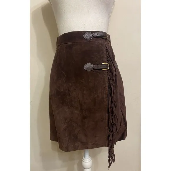 Guess By Marciano 100% Genuine Suede Leather Wrap Skirt Fringe Boho Western S 🔥