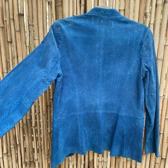 Hal Rubenstein Teal Laser Cut Collarless Suede Jacket Sz S NWT