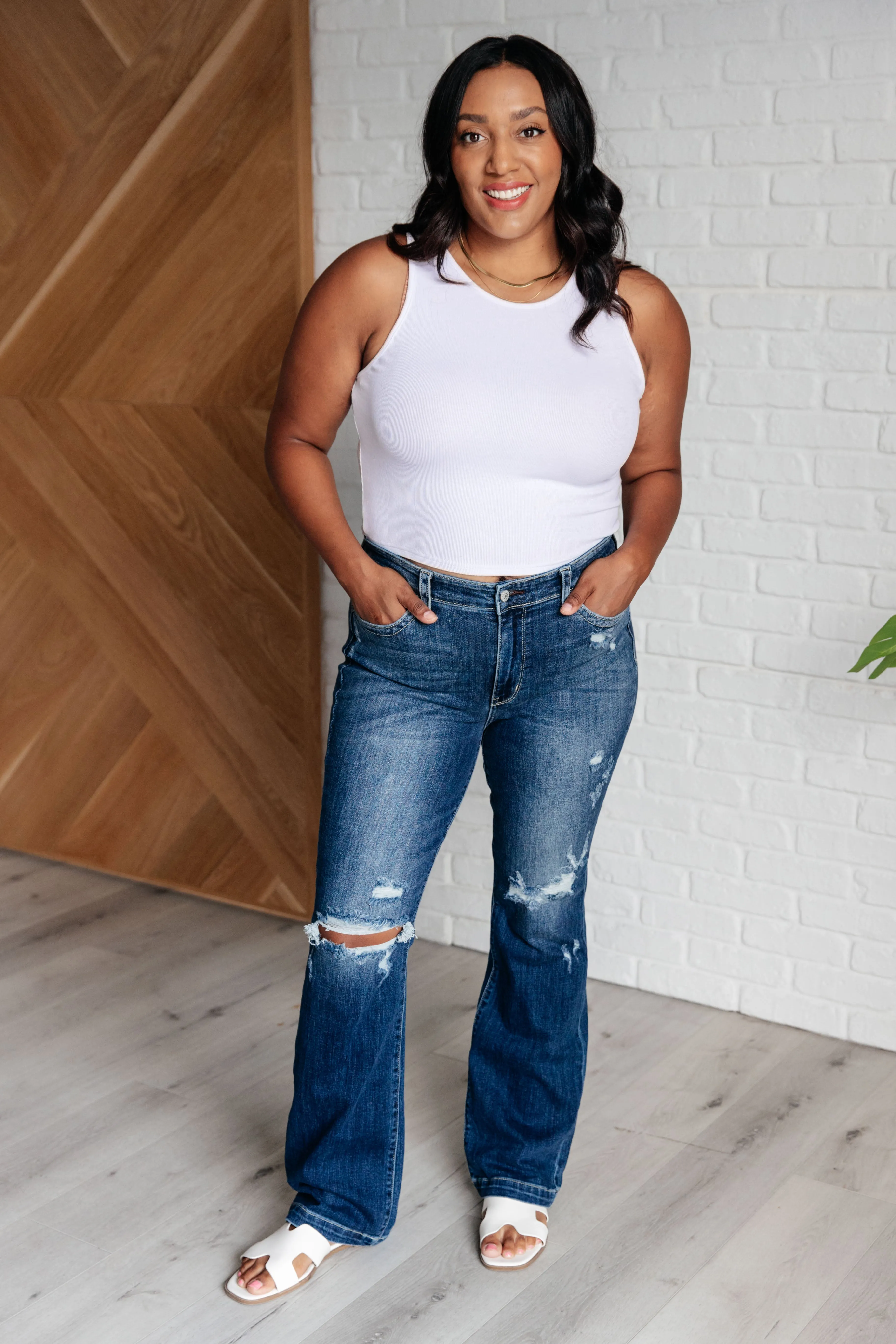 Hazel Blues® |  Mila Mid Rise Distressed Bootcut Jeans
