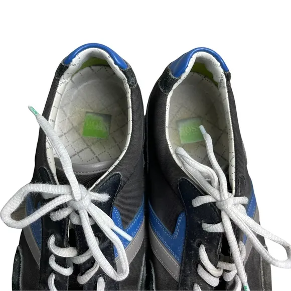 HUGO BOSS Men's Black Leather 'Spacit' Lace Up Sneakers Blue/Gray Stripe Size 46