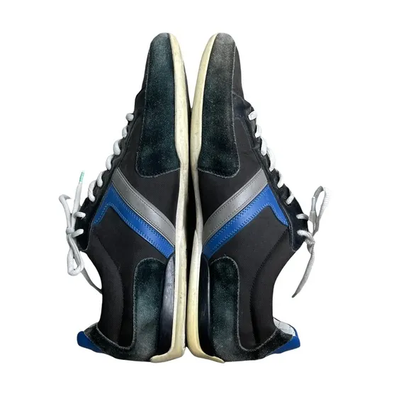 HUGO BOSS Men's Black Leather 'Spacit' Lace Up Sneakers Blue/Gray Stripe Size 46